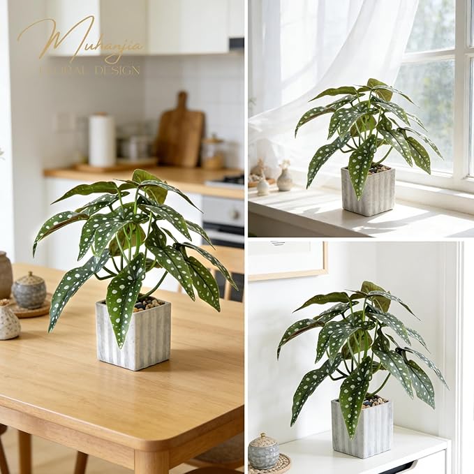 Muhanjia Artificial Potted Plant, Lifelike Faux Greenery in Decorative Cement-Look Square Pot for Indoor Home Decor Centerpieces (Polka Dot Begonia)