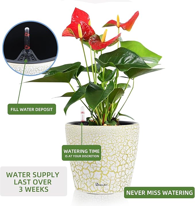Dexceder 11x10 Self Watering Planter (White Gold Crackle) | Inner Pot Design, Thickened Table Flower Plant Pot with Water Level Indicator Indoor Outdoor