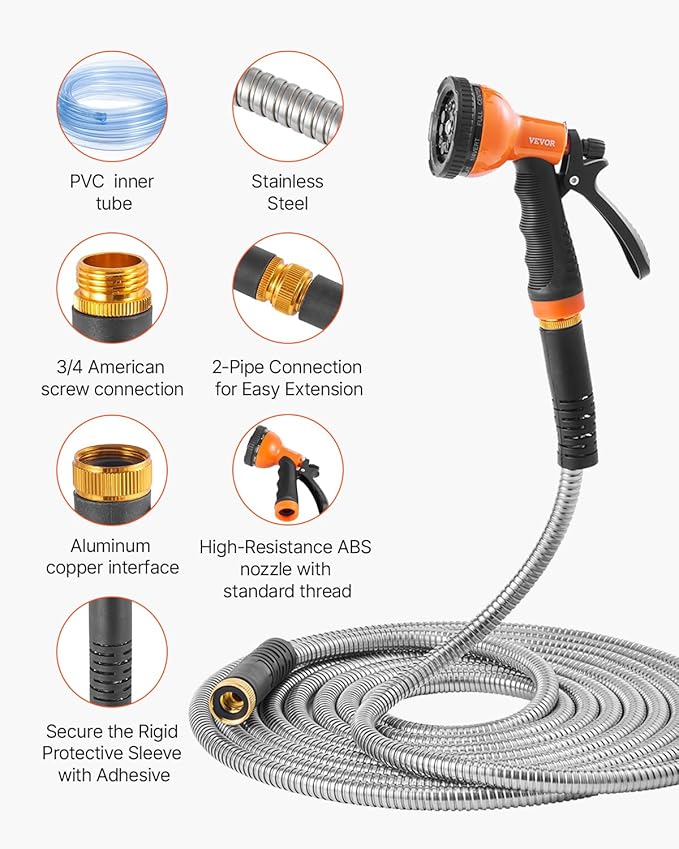VEVOR Garden Hose Metal 50FT – Heavy Duty Stainless Steel Water Hose, Flexible, No Kink & Tangle, Puncture Resistant & Rust Proof, Lightweight w/ 10-Function Spray Nozzle for Yard, Outdoor, Gardening