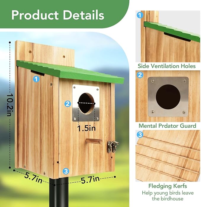 4 Pack Bird Houses for Outside - Cedar Bluebird Houses with Metal Predator Guard, Birdhouse for Wren Bluebirds Finches Swallows, Carbonized Wooden (Assembly Required)