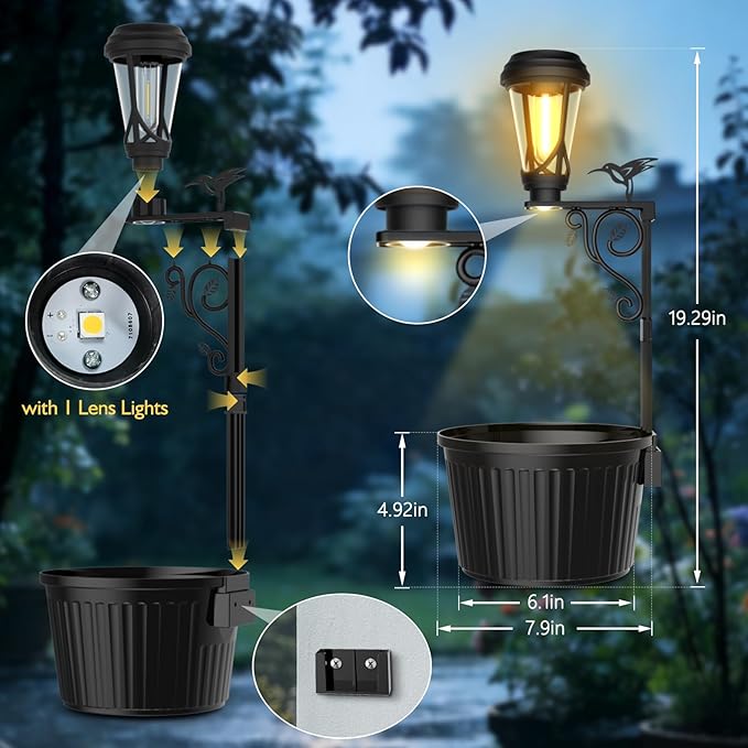 7.9 Inch Solar Lights Planter Dual-Sided 3000K Warm White Lighting, 2 in1 (Wall/Stand) Flower Pots, Auto on/Off IP65 Solar Post Light with Planter Waterproof for Yard, Patio, Porch, Pathway Decor