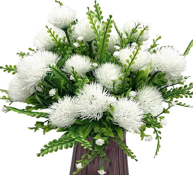 CATTREE Artificial Dandelion Plants, Plastic Flowers Shrubs Bushes Fake Grass Wedding Indoor Outdoor Home Garden Arrangements Party Decoration Planting Filler White 4 Pack