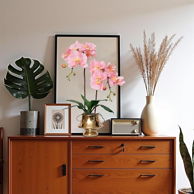 CXGS Orchids Artificial Flowers Realistic Fake Flowers in Ceramic Vase 20" Pink Faux Plants Indoor Lifelike Soft PU Phalaenopsis for Centerpiece Hotel Home Decor