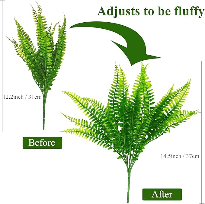 UV Resistant Lifelike Artificial Boston Fern - 2024 New Faux Boston Ferns Outdoor Planter Large, Realistic Fake Feen Hanging Silk Fern Stems Indoor Basket Plant Urn Fillers Front Porch (4, White)