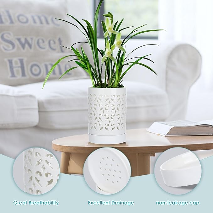mwellewm Orchid Pot with Holes Ceramic Plant Pots Indoor Outdoor Flower Pots for Repotting with Drainage and Saucer 4 Inch Breathable Slotted Orchids Planter (White)