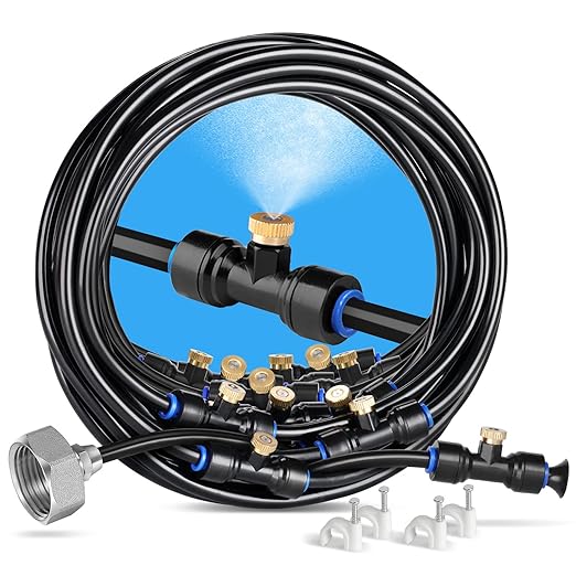HOMENOTE Misting Cooling System, 42FT(13M) Pre-Assembled Kit with 15 Brass Nozzles & 3/4" Brass Adapter, Cooling Mister for Patio, Backyard, Pets, Garden & Greenhouse