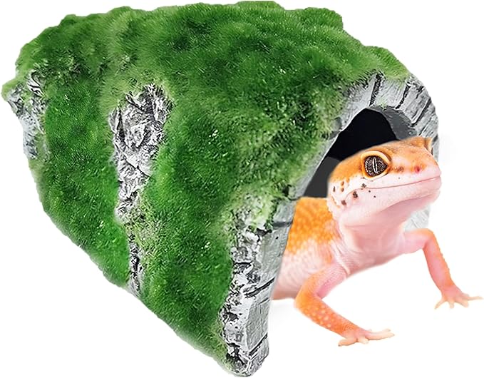 SunGrow Reptile Hideout Cave with Artificial Moss, Rock Habitat Shelter for Lizards, Snakes, Geckos, Frogs & Aquariums, Durable Resin Cave Decor, 6 x 3 x 4 Inches
