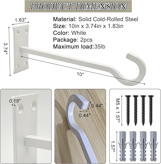 QIEGL 10inch Heavy Duty Plant Hangers Outdoor or Indoor Bird Feeder Hanger Shepherd Hooks 2pcs White Metal Wall Hook for Hanging Plant Bracket, Lantern, Flower Basket, Wind Chimes