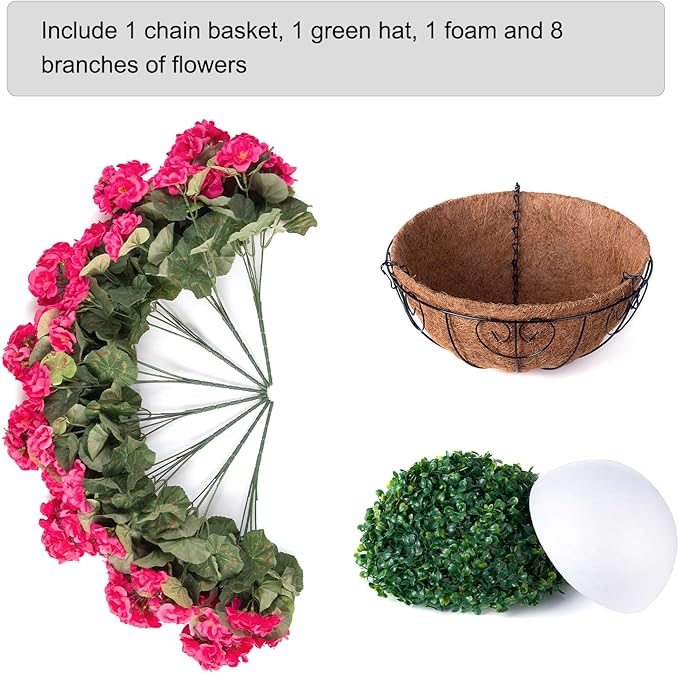 INSPRING Geraniums Artificial Flowers Hanging Basket for Outdoors Outside Spring Decoration, 8 Bundles Silk Flowers Fake Plants Look Real UV Resistant for Porch Home Patio Balcony Yard, Hotpink