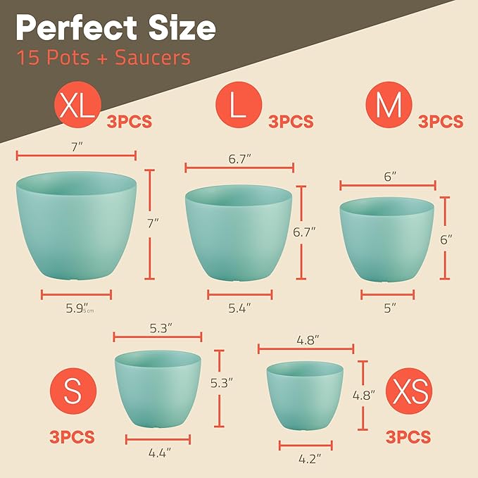 Planter Pots with Drainage Holes - Lightweight, Durable, and Space-Saving Pots for Indoor and Outdoor - Versatile Functionality, Simple Modern Design, Set of 15 Plastic Planter Pots - Aqua