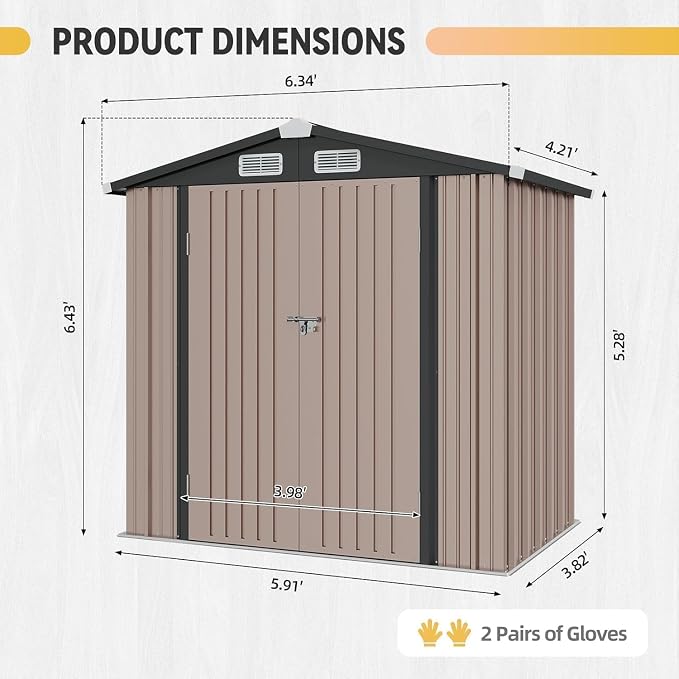Aoxun 6x4ft Shed with Floor Heavy-Duty Galvanized Steel Outdoor Storage Shed with Double Doors, Ventilated Weatherproof Design for Bike/Generator/Tool Organization (Brown with Floor)