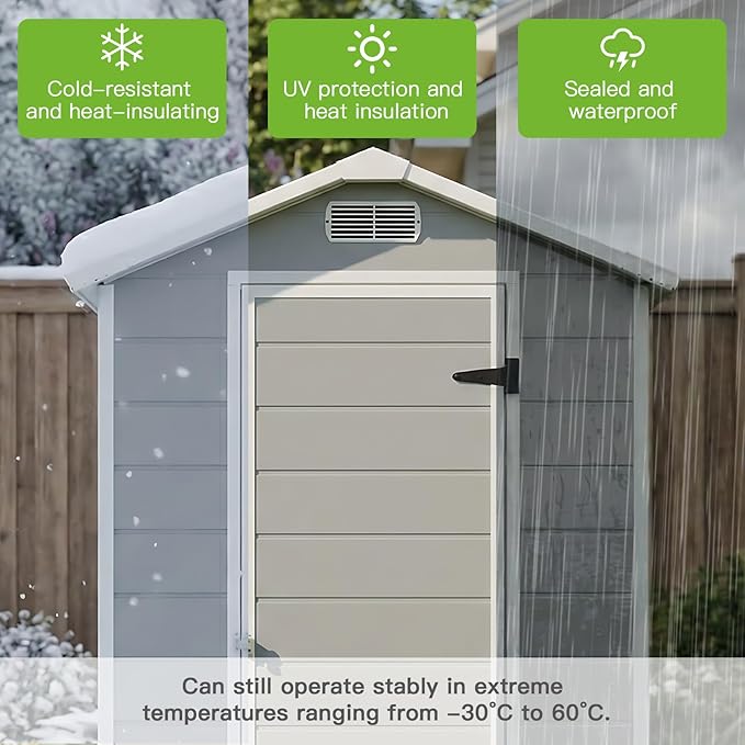 4x6 FT Outdoor Storage Shed with Floor & Window, All-Weather Resin Garden Tool Shed, Waterproof Plastic Garden Shed with Lockable Door, Vents & Roof Rainwater Drainage for Backyard, Garden, Poolside