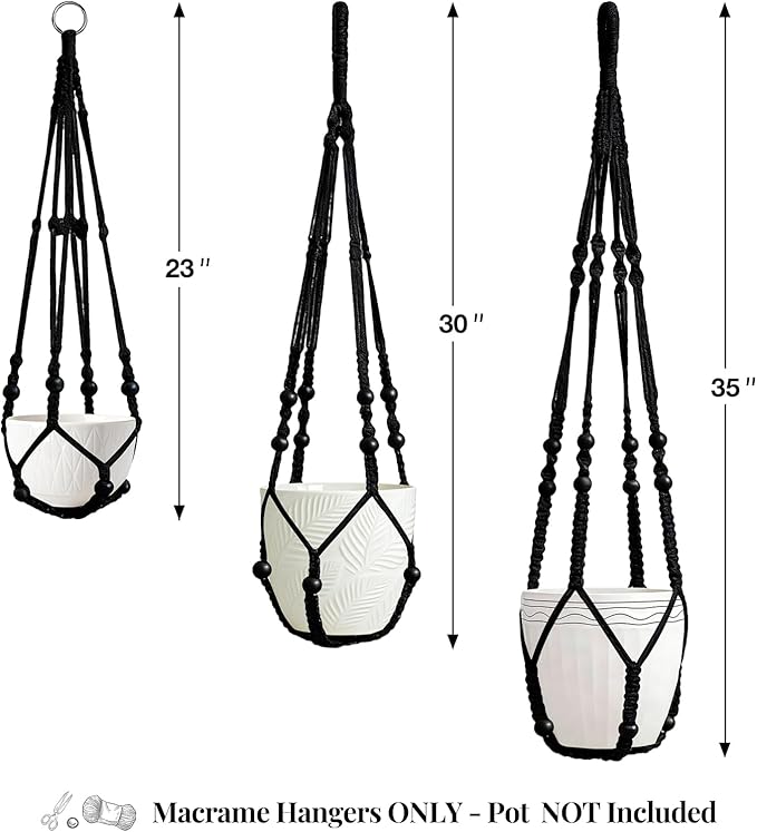 LEWESU 3 Pack Macrame Plant Hanger Indoor 3 Different Sizes Hanging Planter Basket Flower Pot Holder with Wood Beads & No Tassels for Boho Home Decor, 23, 30, 35 Inch, Black (Pot Not Included)