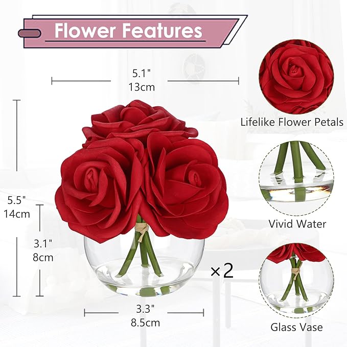 Hollyone 2Pcs Red Roses Artificial Flowers in Vase Small Silk Fake Rose Bouquet Flowers Floral Arrangements with Glass Vase with Faux Water for Home Bathroom Office Table Centerpiece Decorations