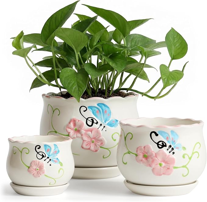 Ceramic Plant Pots with Drainage Holes and Saucers, Round Flower Pots for Indoor Plant, 4/5.2/6.6 Inches Flower Large Planters Set of 3