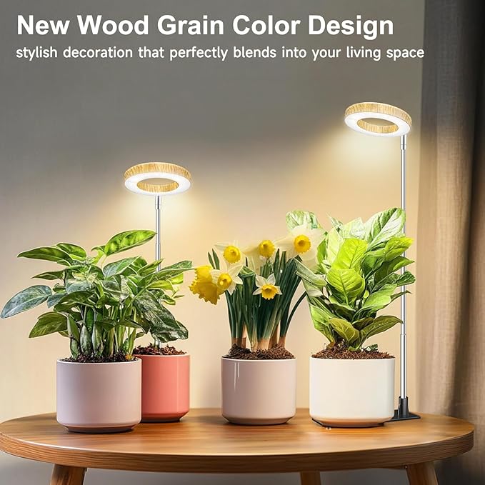Grow Light, 48 LEDs Full Spectrum Plant Lights for Indoor Growing, Height Adjustable Wood Grain Plant Grow Light with Base, 3 Optional Spectrums, Auto Timer 6/12/16Hrs, 5 Brightness