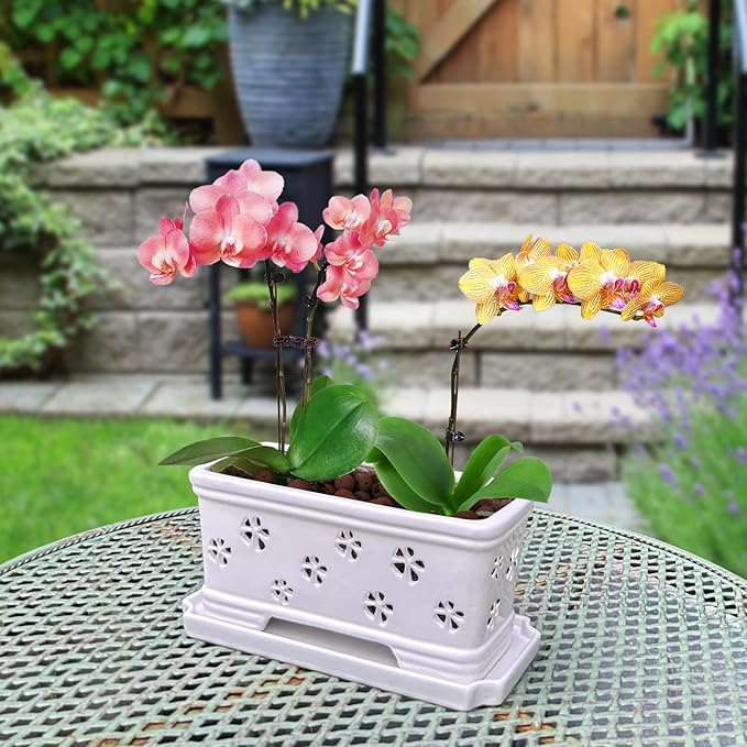 10 * 4.3 * 4.3Inch Rectangle Ceramic Orchid Pot with Holes & Saucer White Effective Drainage & Ventilation for Indoor Orchids ﻿