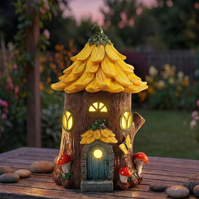 Lavezee Fairy House Outdoor Figurine Lights for Garden Decor, Fairy Garden Houses for Front Porch Patio Backyard Yard Decoration, Birthday Gifts for Mom Women