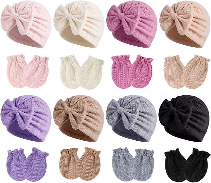 Newborn Baby Girl Hats Mittens Set Cotton Hospital Bow Hat Beanies Caps Gloves for New Born Girls 0-6 Months