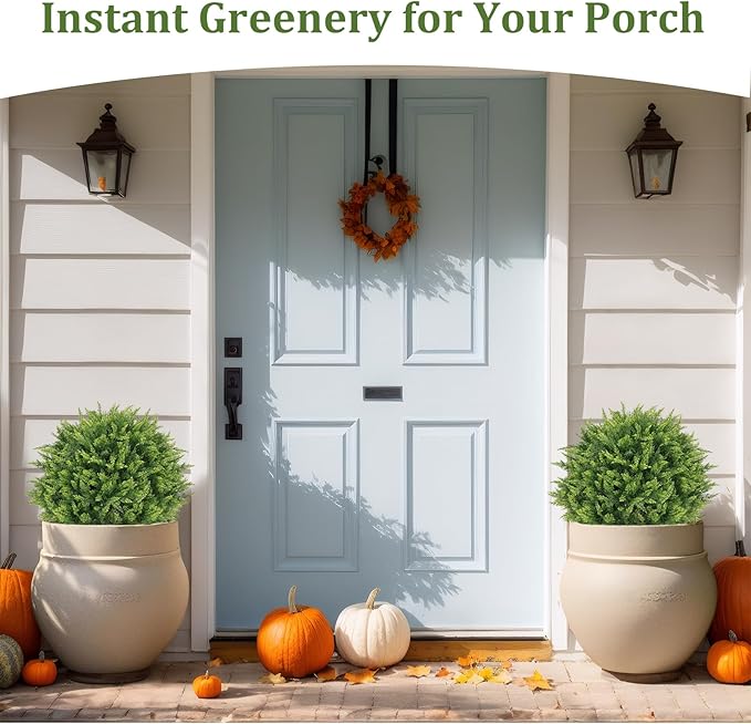 24" Artificial Outdoor Plants Set of 2 – UV Resistant Faux Cedar Topiary Trees, Realistic Fake Bushes and Shrubs for Front Porch, Patio, Outside Planters Decor