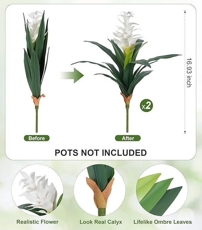 Ivydale Fake Flowers Plants for Outdoors, 2 Pcs 16.93" Bromeliad Artificial Flowers Uv Resistant Realistic Faux Flowers for Outdoor Planters Outside Porch Patio Yard Garden Indoor Decoration(White)