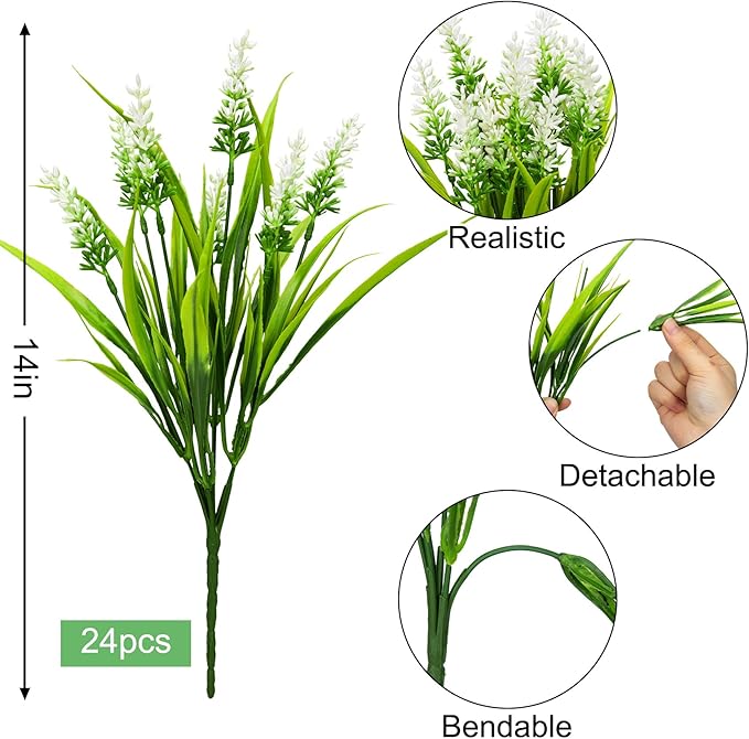 Bassion 24 Bundles Artificial Flowers for Outdoors, Fake Lavender Flowers with Monkey Grass UV Resistant Plastic Faux Plants for Outside Hanging Planter Window Box Garden Patio Front Porch Home Decor