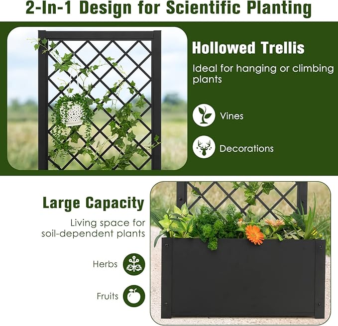 HAPPYGRILL Raised Garden Bed with Trellis, 44” Metal Elevated Garden Box for Climbing Plants Vine, Outdoor Planter Box for Yard, Garden, Balcony