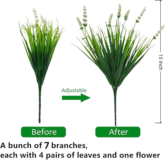 Yimingjin 12 Bundles Artificial Grass Fake Plants，Outdoor Fake Monkey Tail Grass with Flowers for Pot UV Resistant Lavender Patio Garden Porch Home Window Hanging Planter Decor Faux Shrubs(White)