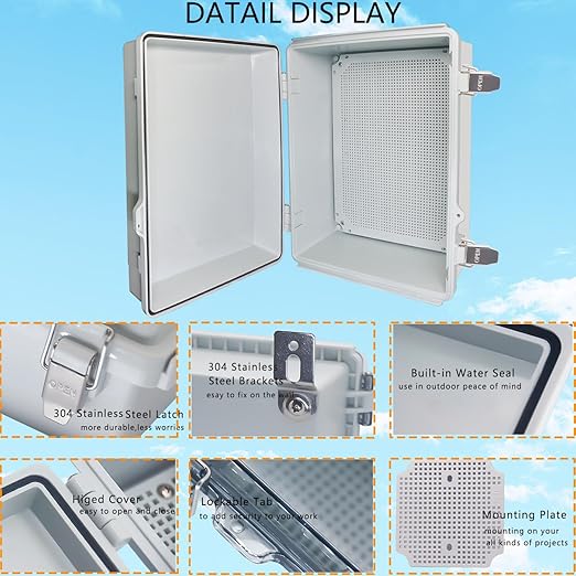 Waterproof Junction Box, ABS Plastic Electrical Box with Stainless Steel Latch, Hinged Cover Electric Project Enclosure Box with Mounting Plate, Wall Brackets 15.7"x11.8"x7.1