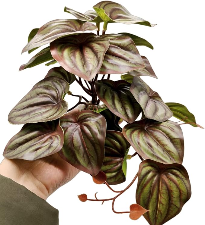 Reptile Plants for Terrarium Decor,Amphibian Habitat Decor,Artificial Plants for Gecko Chameleon Snake Tortoise Tank Accessories with Base (red Watermelon peperomia)