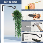 FEED GARDEN Wall Hooks for Hanging Plants 10 Inch - 2 Pack Heavy Duty Metal Plant Brackets, Holds 48 lbs, Rust Resistant Black L-Shape Hooks for Indoor Outdoor Decor