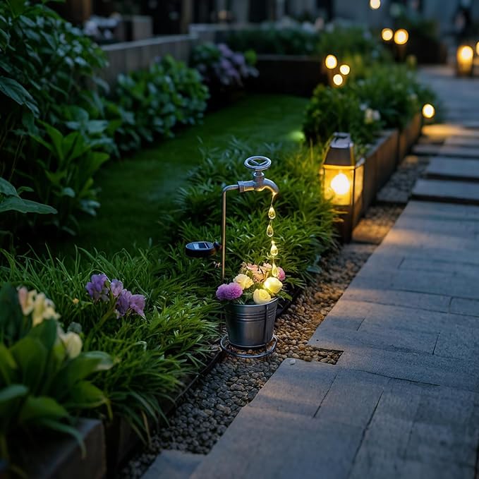 JIAJIAMEI Solar Water Faucet Bucket Lights Outdoor Garden Decor, Waterproof Vintage Decorations with LED Light for Yard Lawn Patio Pathway