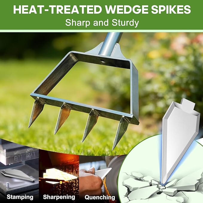 Manual Lawn Aerator Spike Tool, Semi-Assembled, Non-Clogging Spike Aerator with 4 Steel Spikes, Ergonomic Handle & Reinforced Welding for Compacted Soil Loosening & Yard Aeration - Green