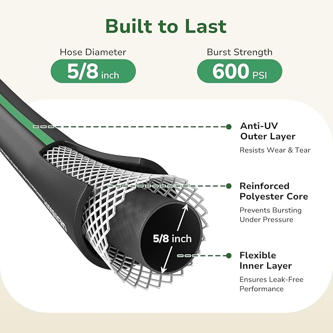 GreatBuddy Garden Hose 25ft, 5/8" Water Hose Heavy Duty, Flexible, Lightweight Hybrid Hose, Burst 600 PSI with Solid Brass Male to Female Fittings Leakproof Hose for Backyard, Garden