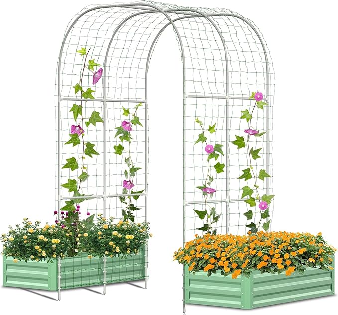 SUNYRISY Galvanized Raised Garden Bed with 87" H Arch Trellis for Climbing Plants Outdoor, Metal Planter Box with Netting for Gardening Flowers Vegetables Fruit, Green