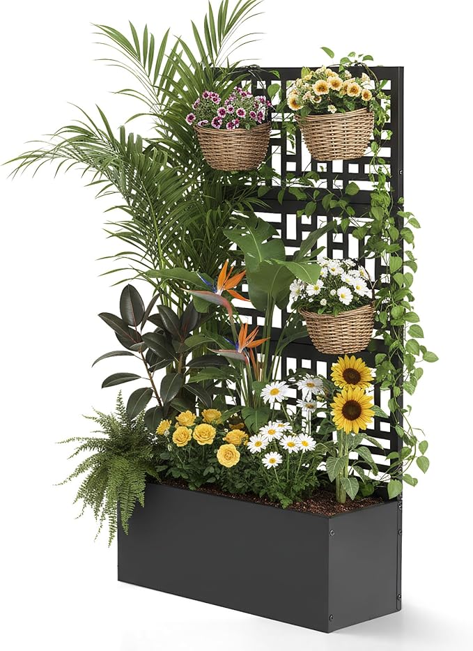 Outvita Metal Planter Box with Trellis, 44’’ x 24’’ x 9’’ Raised Garden Bed with Drainage Holes for Climbing Plants, Vegetables, Vines, Privacy Planters for Patio (Black)