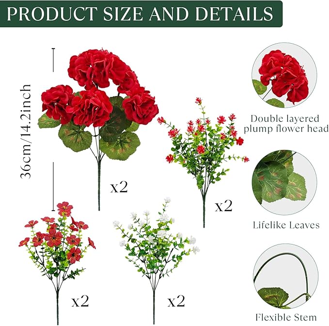 8 Bundles Artificial Geranium Flowers for Outdoors, Realistic Silk Geraniums Fake Flowers UV Resistant Faux Plants for Porch Front Door Planter Patio Balcony Outside Decor (Mixcolor)