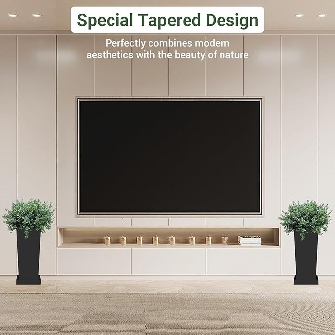 Metal Tall Planters 18 inch Set of 2, Durable Taper Planter with Drainage Holes & Rust-Proof Coating & Trays for Outdoor Indoor Garden Patio Front Door (Black)