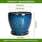 8 Inch Ceramic Planter Pot with Drainage Hole and Saucer, Ceraimc Plant Pot Round Flower Pot for Indoor Plants Outdoor Garden Planter, Blue