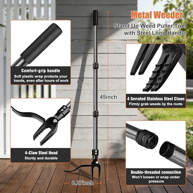 GOXAWEE Metal Stand Up Weed Puller Tool - 45" Garden Weeding Tool with Steel Long Handle & 4-Claw Steel Head - Effortlessly Remove Weeds Without Bending/Kneeling - All Steel Construction