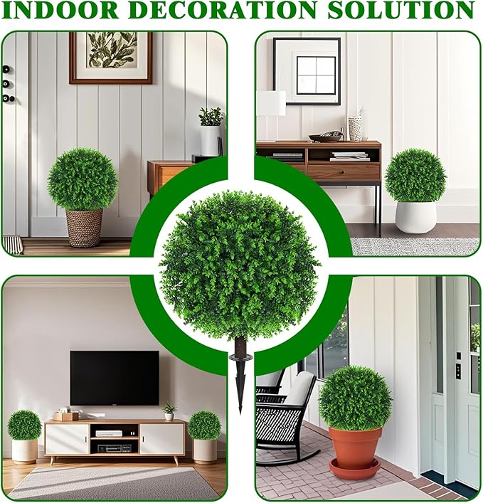 Grooy Artificial Topiary Tree with Eucalyptus, Set of 2 Artificial Shrub Bushes with Ground Spike, Fake Evergreen Tree for Porch, Artificial Plants for Outdoor Planters Indoor UV Resistant