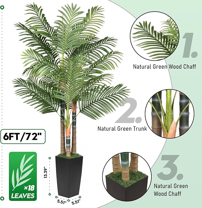 6ft Artificial Palm Tree Indoor Plant，Triple Faux Tropical Areca Floor Plant in Pot，Artificial Plants with Lifelike Leaves for Home Office Decor
