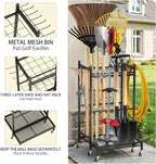 Garden Tool Organizer Rack with Wheels Up to 30-35 Tools, Heavy-Duty Steel Yard Tool Organizer for Garage Storage with 11 Hooks, Broom Holder & Garden Tool Rack for Shed, Patio, Lawn, Outdoor, Black