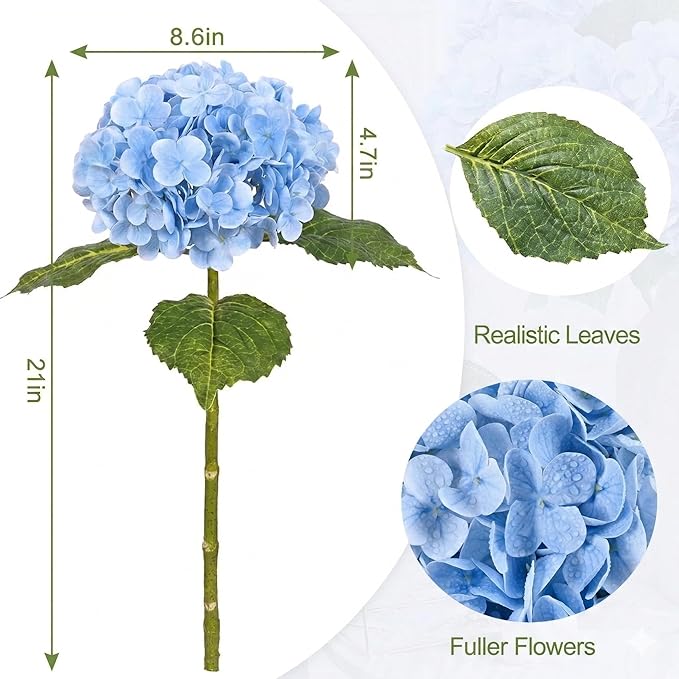 4Pcs Hydrangea Artificial Flowers Realistic Latex Texture for Spring Decoration Home Party Wedding Living Room Decoration 21''Blue