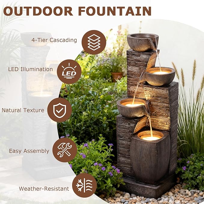 38.2" Tall Water Fountain Outdoor Garden,4 Tiers Modern Cascading Bowls and Stacked Stones Indoor Fountains with LED Lights for Patio, Deck, Porch, Backyard and Home Art Decor(Reddish-Brown