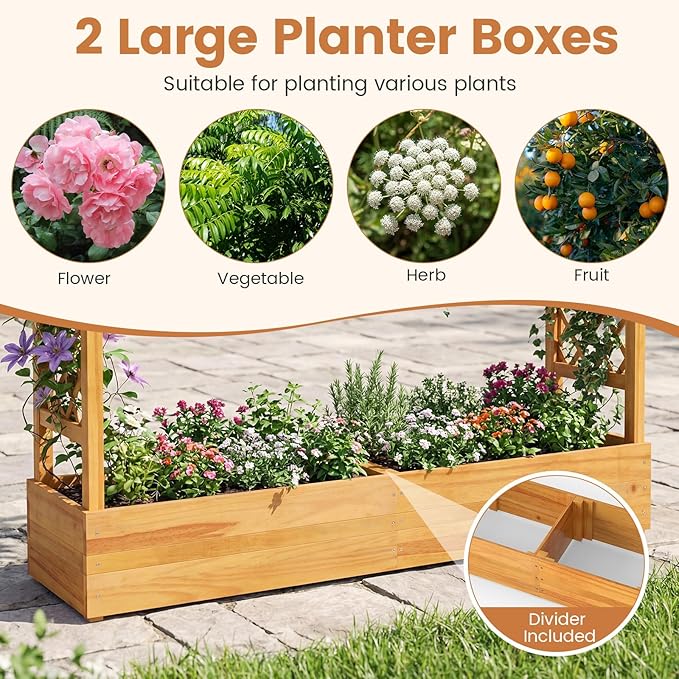 Happygrill 45" Raised Garden Bed with Trellis, 2 Pack Wood Planter Box w/Hanging Roof, 2 Side Trellises, Open-Ended Base for Flower, Climbing Plant, Plant Container for Garden