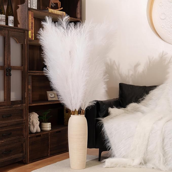 Premium Faux White Pampas Grass – 55" Tall Ultra-Fluffy Extra Full Decor, 8pcs 24-Branch One-Piece Stems No Assembly, Luxury Silk-Feel Feather Flowers for Wedding Boho Modern Decor (140cm)