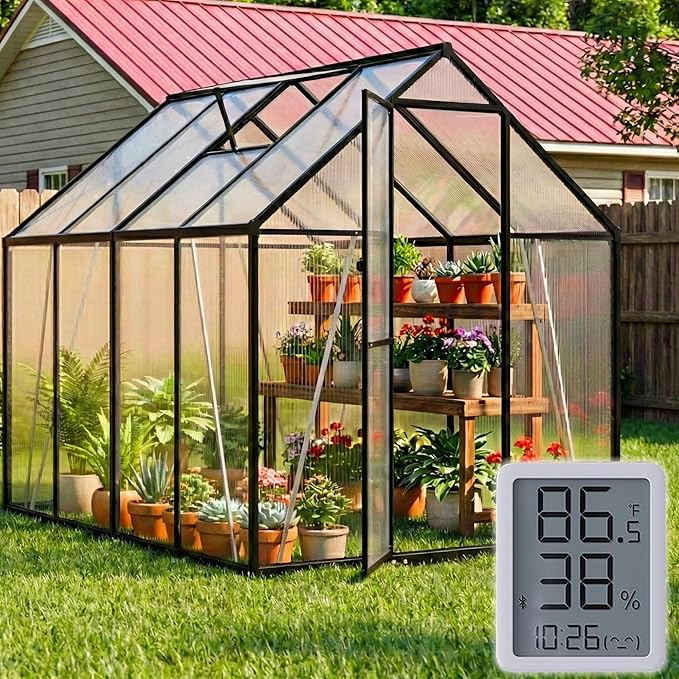 6X8 FT Polycarbonate Greenhouse with Electronic Hygrometer, Walk in Green House for Outside Heavy Duty Greenhouses with Aluminum Frame for Garden Patio Backyard Flower Planting