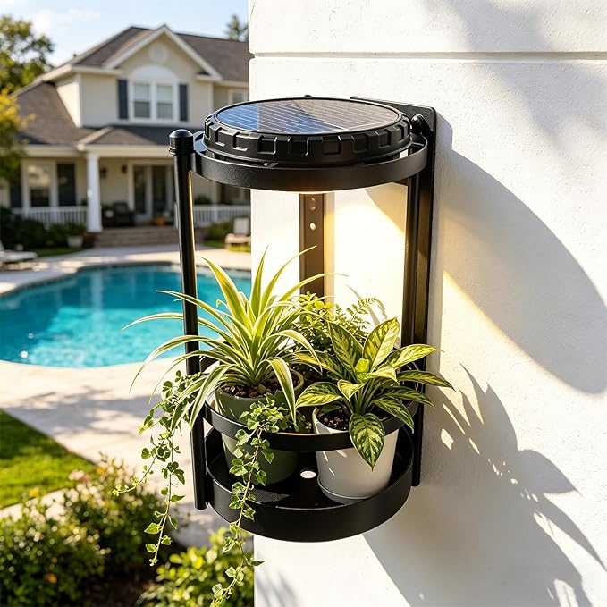 Solar Plant Grow Lights Outdoor - RDJ Bouns Wall Plant Holder with Rechargeable Light & Solar Panels,3 Color Temperatures,Automatic Sensor Switch,Decorative Floating Plant Shelf for Patio, Balcony & Living Room