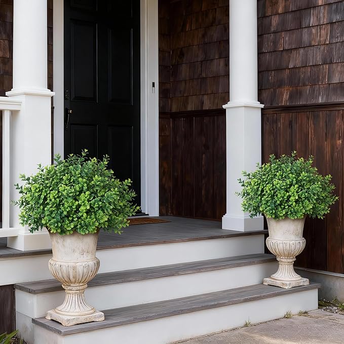 Set of 2 Artificial Boxwood Topiary Trees for Front Door - Faux Realistic Greenery Potted Plants, Fake Outdoor UV-Resistant Bushes with Pots for Porch,Farmhouse,Home,Garden Decor